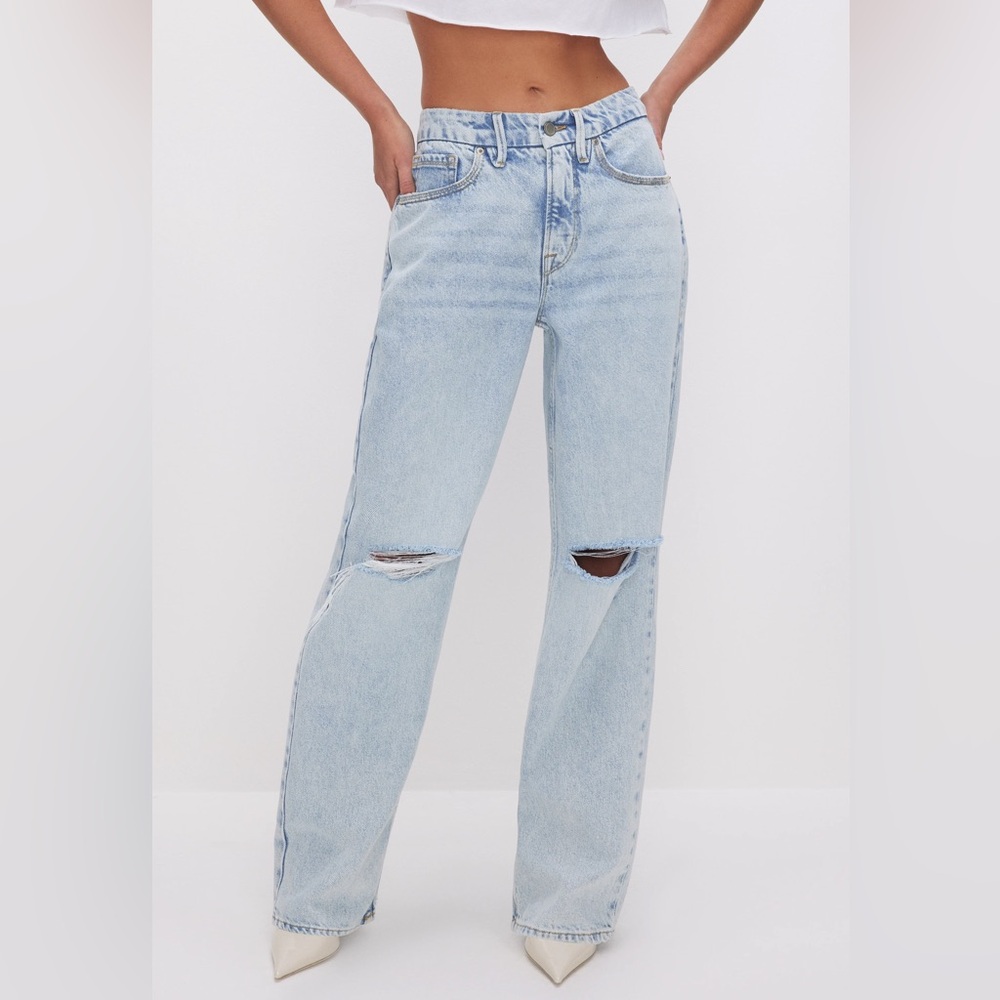 Good American Good 90’s Relaxed Light Blue Destroyed Jeans 8/29